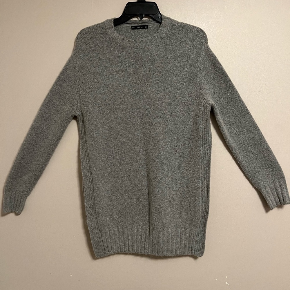 Zara Knit Gray Crew Neck Sweater Women Small High Side Slit‎ Long Sleeve Ribbed